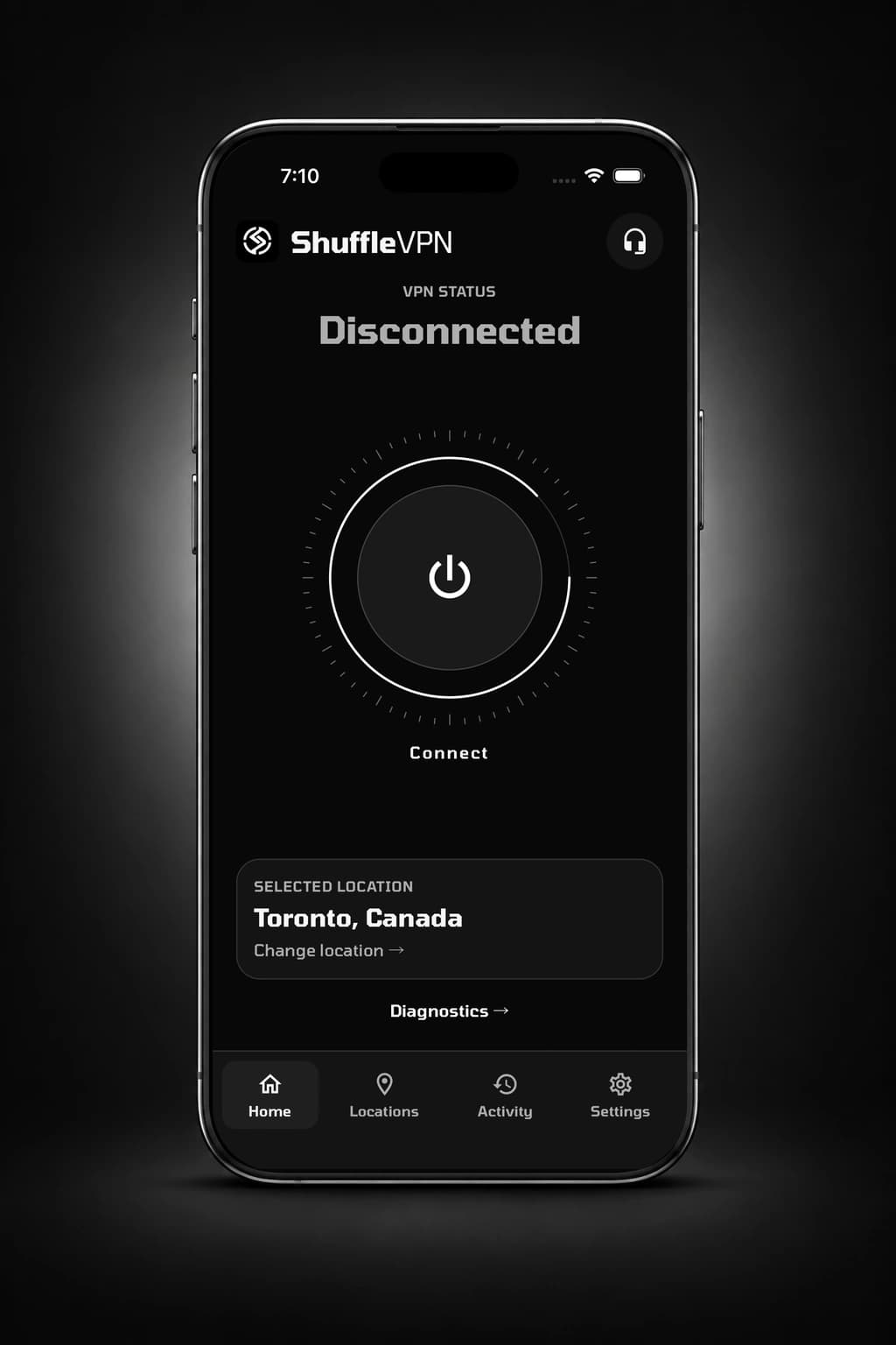 ShuffleVPN iPhone app: connection dial, selected location and Diagnostics link
